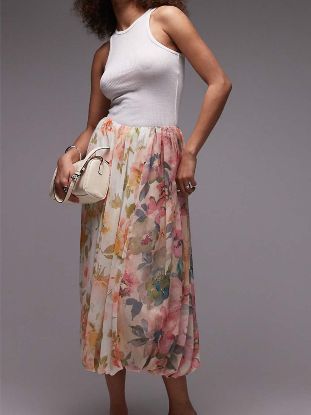 ASOS Floral Pink and Cream Chiffon Midi Skirt